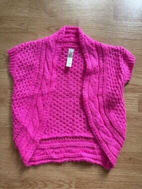 Cherokee Hot Pink Cable Knit Crochet Open Front Shrug Sweater Vest XS